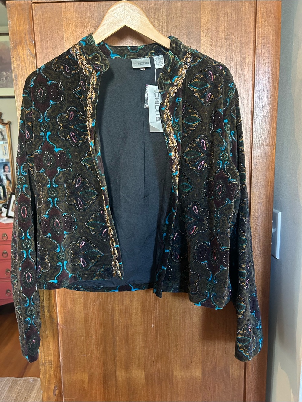 Chico's Black Velvet Open Embroidered Jacket with Teal Accents